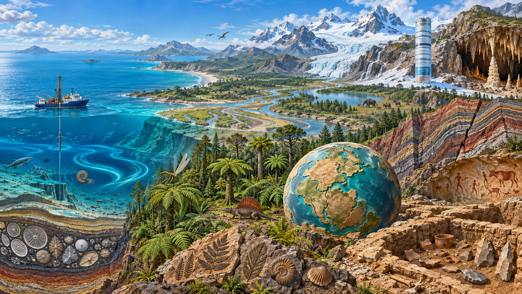 Illustration of ocean sediments, glacier ice, ancient geography, ecosystems, landscapes, folded rocks, and an archaeological excavation